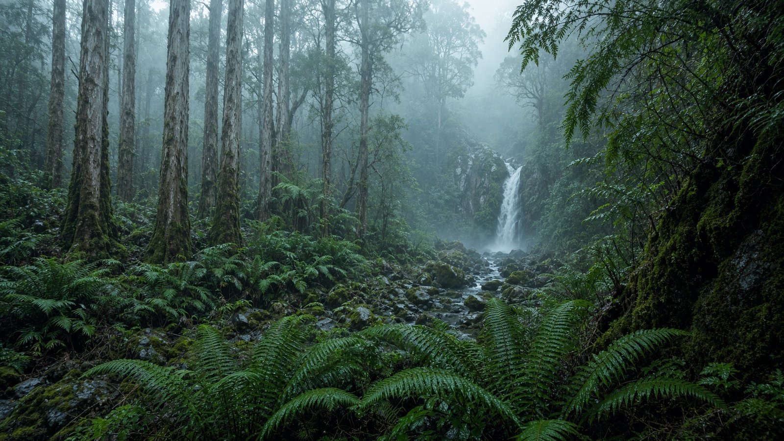 Mist over a Tasmanian rainforest and a distant waterfall.